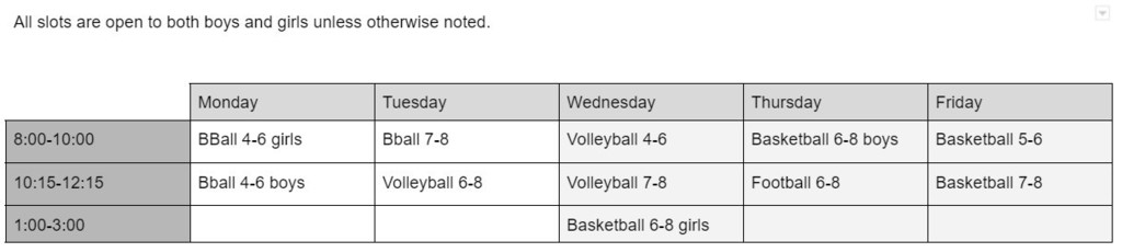 Sports Camps Schedule